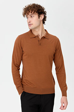 Erkek Basic Polo Yaka İnce Triko Kazak K.taba