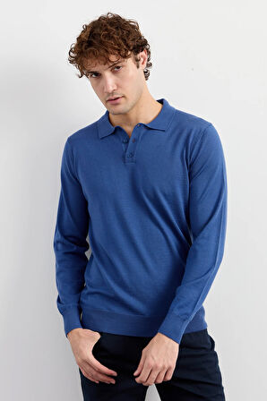 Erkek Basic Polo Yaka İnce Triko Kazak İndigo