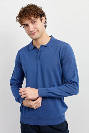 Erkek Basic Polo Yaka İnce Triko Kazak İndigo