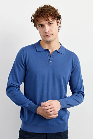 Erkek Basic Polo Yaka İnce Triko Kazak İndigo