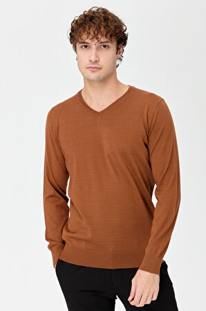 Erkek Basic V Yaka İnce Triko Kazak K.taba