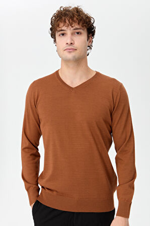 Erkek Basic V Yaka İnce Triko Kazak K.taba