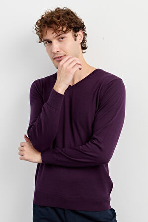 Erkek Basic V Yaka İnce Triko Kazak Mor