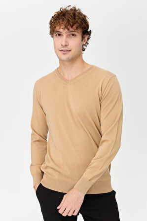 Erkek Basic V Yaka İnce Triko Kazak S.Kahve