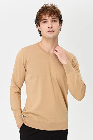 Erkek Basic V Yaka İnce Triko Kazak S.Kahve
