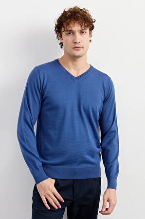 Erkek Basic V Yaka İnce Triko Kazak İndigo