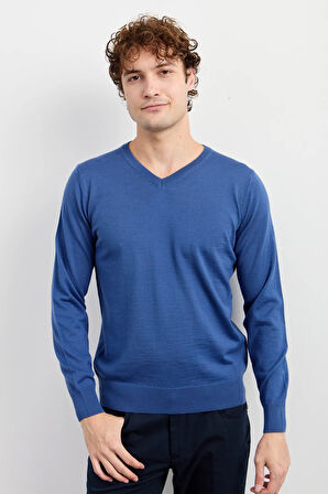 Erkek Basic V Yaka İnce Triko Kazak İndigo