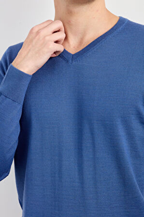 Erkek Basic V Yaka İnce Triko Kazak İndigo
