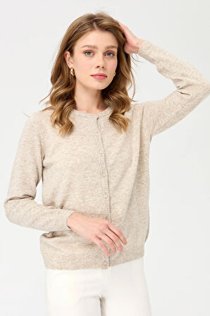 Kadın Sıfır Yaka Triko Yün Hırka V.Bej