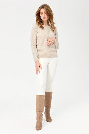 Kadın Sıfır Yaka Triko Yün Hırka V.Bej