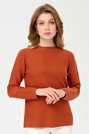 Kadın Sıfır Yaka Dikişsiz Örgü Kazak Portakal