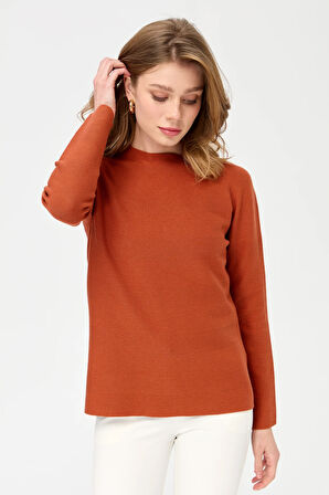 Kadın Sıfır Yaka Dikişsiz Örgü Kazak Portakal