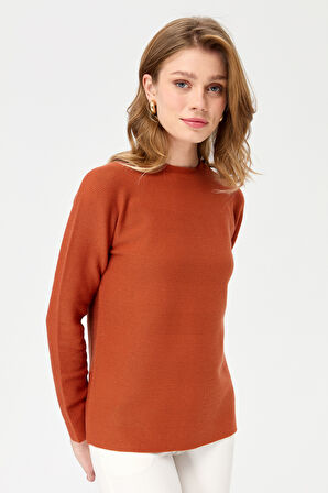 Kadın Sıfır Yaka Dikişsiz Örgü Kazak Portakal