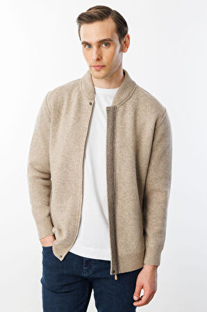 Erkek Pike Dokuma Fermuarlı Cepli Triko Mont K.Bej