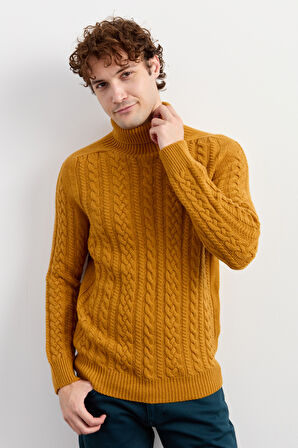 Erkek Balıkçı Yaka Saç Örgülü Yün Kazak Hardal