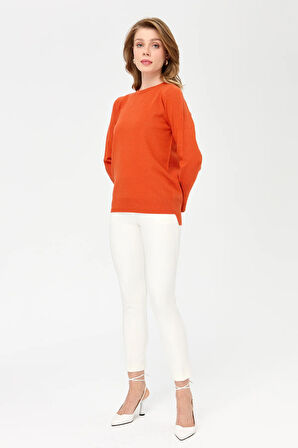 Kadın Sıfır Yaka Dikişsiz Önü Kısa Arkası Uzun Bluz Portakal