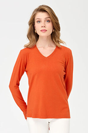 Kadın V Yaka Kolları Düğmeli Simli Bluz Portakal