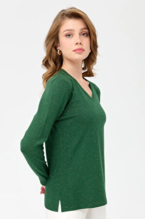 Kadın V Yaka Kolları Düğmeli Simli Bluz O.Başı