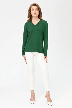 Kadın V Yaka Kolları Düğmeli Simli Bluz O.Başı