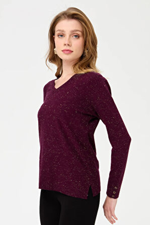 Kadın V Yaka Kolları Düğmeli Simli Bluz K.Mürdüm