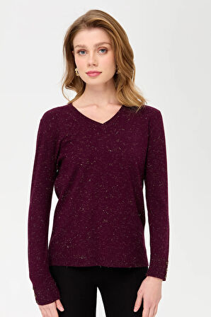 Kadın V Yaka Kolları Düğmeli Simli Bluz K.Mürdüm