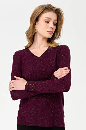 Kadın V Yaka Kolları Düğmeli Simli Bluz K.Mürdüm