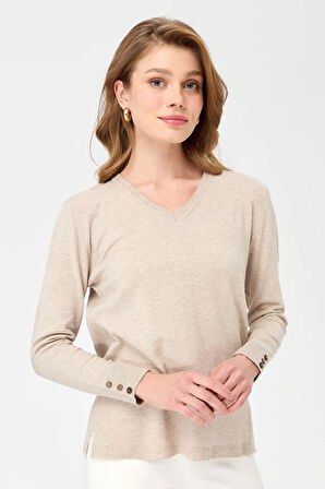 Kadın V Yaka Kolları Düğmeli Simli Bluz Bej