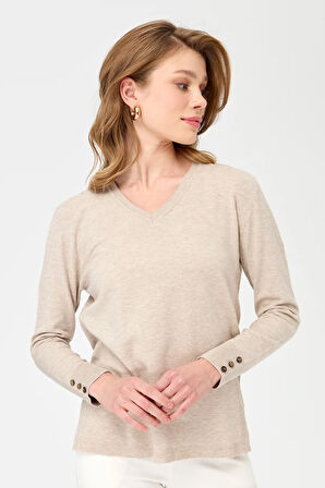 Kadın V Yaka Kolları Düğmeli Simli Bluz Bej