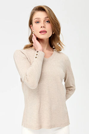 Kadın V Yaka Kolları Düğmeli Simli Bluz Bej