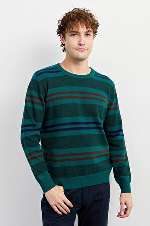 Erkek Sıfır Yaka Renkli Çizgili Klasik Yün Kazak K.Ö.başı