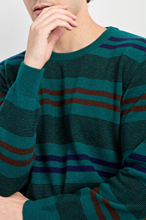 Erkek Sıfır Yaka Renkli Çizgili Klasik Yün Kazak K.Ö.başı