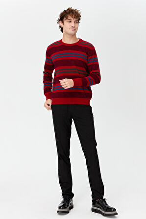 Erkek Sıfır Yaka Renkli Çizgili Klasik Yün Kazak K.Kırmızı