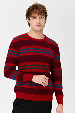 Erkek Sıfır Yaka Renkli Çizgili Klasik Yün Kazak K.Kırmızı