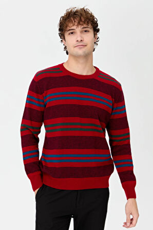 Erkek Sıfır Yaka Renkli Çizgili Klasik Yün Kazak K.Kırmızı