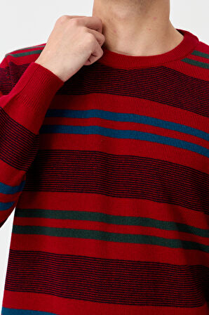 Erkek Sıfır Yaka Renkli Çizgili Klasik Yün Kazak K.Kırmızı