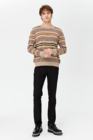 Erkek Sıfır Yaka Renkli Çizgili Klasik Yün Kazak K.Bej