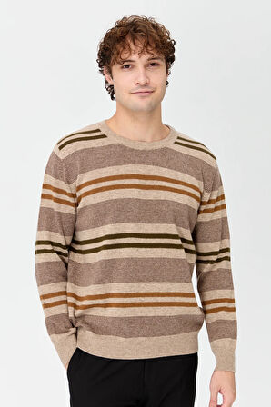 Erkek Sıfır Yaka Renkli Çizgili Klasik Yün Kazak K.Bej