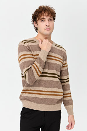 Erkek Sıfır Yaka Renkli Çizgili Klasik Yün Kazak K.Bej