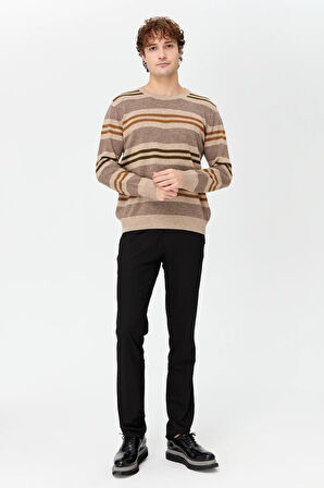 Erkek Sıfır Yaka Renkli Çizgili Klasik Yün Kazak K.Bej