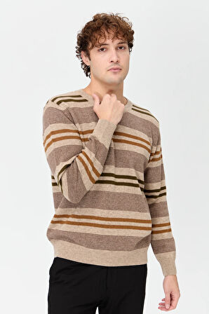Erkek Sıfır Yaka Renkli Çizgili Klasik Yün Kazak K.Bej