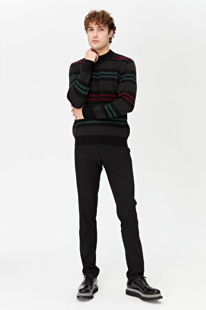 Erkek Yarım Balıkçı Yaka Renkli Çizgili Yün Kazak Siyah