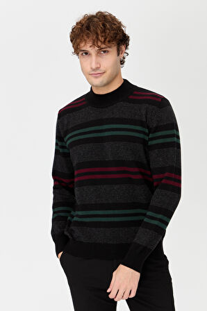 Erkek Yarım Balıkçı Yaka Renkli Çizgili Yün Kazak Siyah