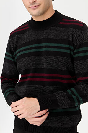 Erkek Yarım Balıkçı Yaka Renkli Çizgili Yün Kazak Siyah
