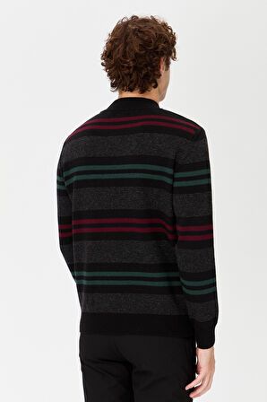 Erkek Yarım Balıkçı Yaka Renkli Çizgili Yün Kazak Siyah