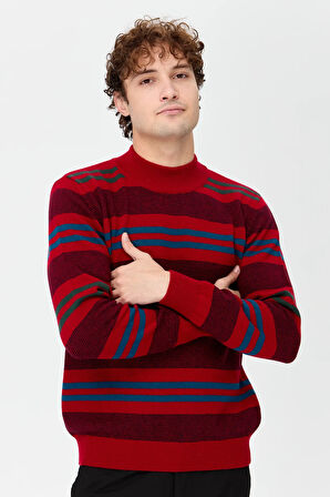 Erkek Yarım Balıkçı Yaka Renkli Çizgili Yün Kazak K.Kırmızı