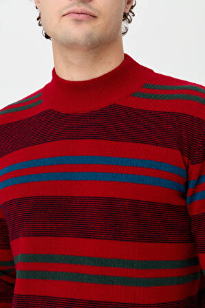 Erkek Yarım Balıkçı Yaka Renkli Çizgili Yün Kazak K.Kırmızı