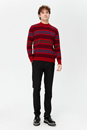 Erkek Yarım Balıkçı Yaka Renkli Çizgili Yün Kazak K.Kırmızı