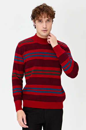 Erkek Yarım Balıkçı Yaka Renkli Çizgili Yün Kazak K.Kırmızı