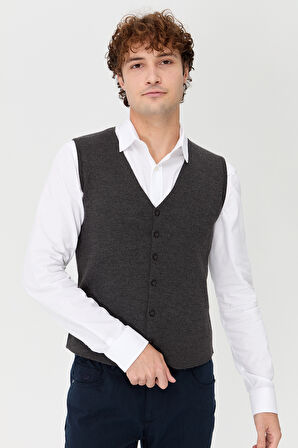 Erkek V Yaka İnce Triko Yelek O.Füme