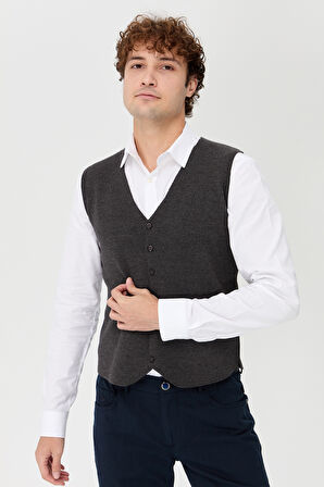 Erkek V Yaka İnce Triko Yelek O.Füme